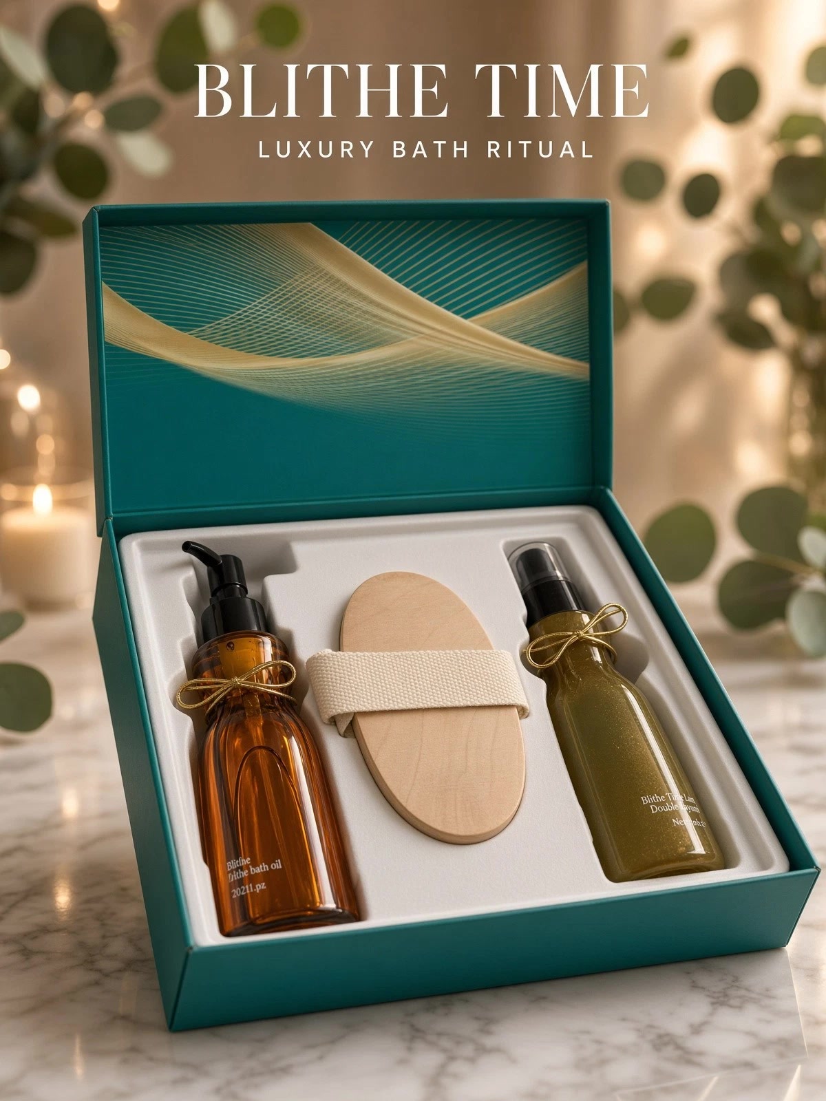 Blithe Time 3-Piece Bath & Body Oil Set with Bath Brush