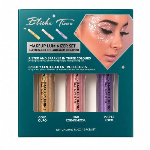 Blithe Time Makeup Luminizer Set: Gold, Pink & Purple Glitter (3 x 2 ml)